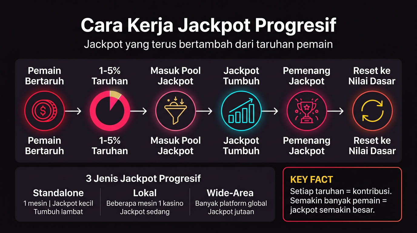 Infografik: Cara kerja jackpot progresif - taruhan pemain menambah pool jackpot