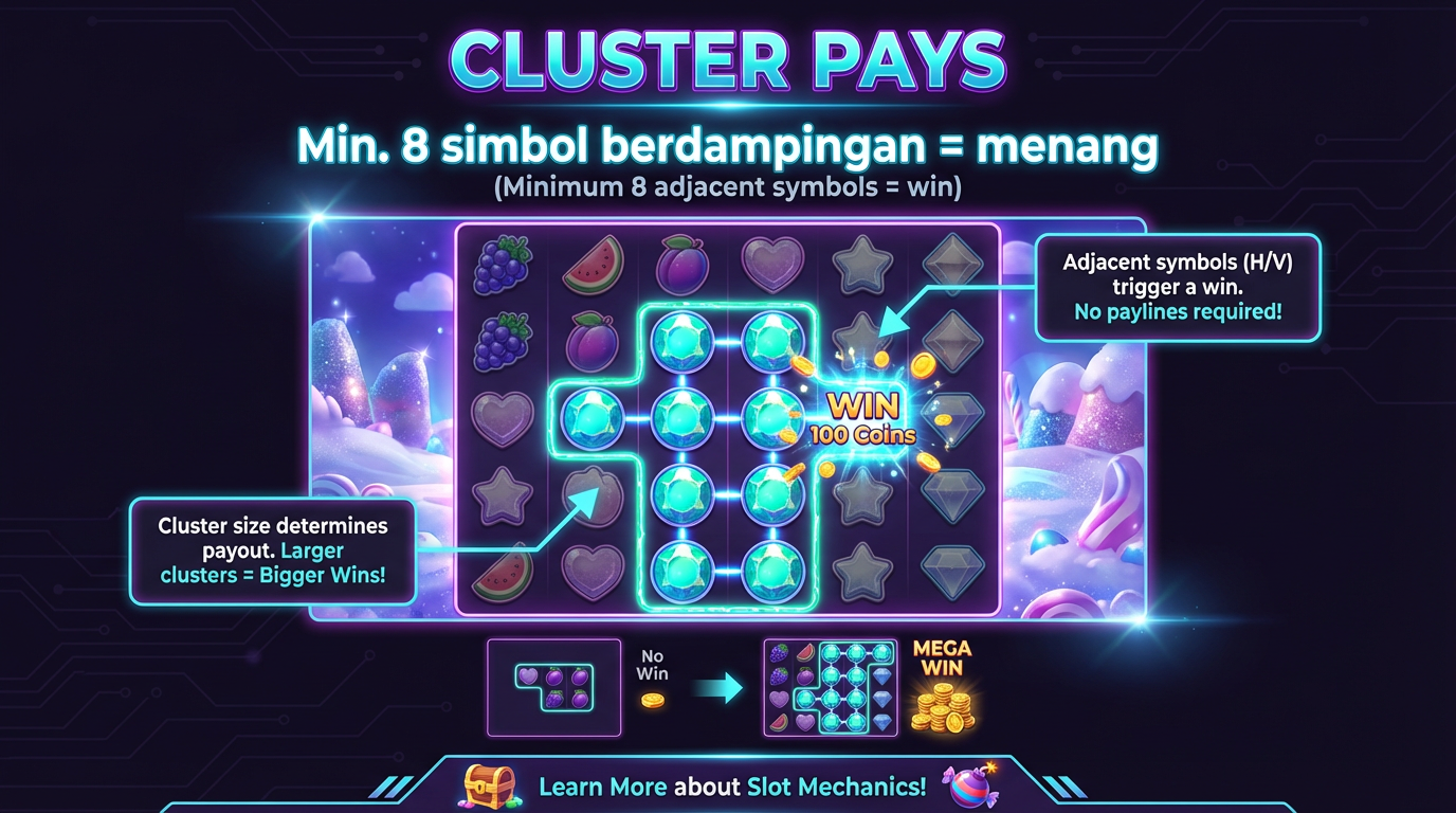 Infografik: Cara kerja cluster pays - simbol berdampingan membentuk cluster menang