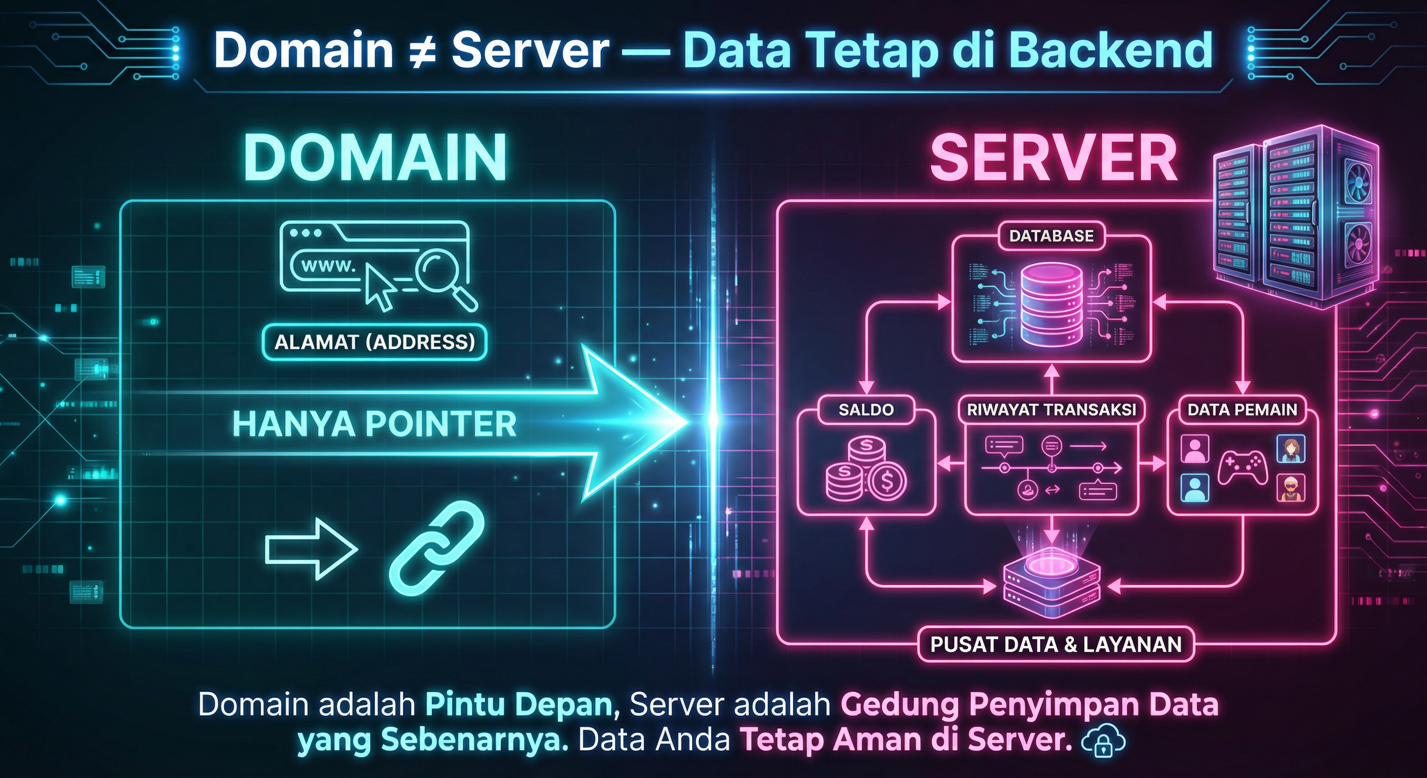 Infografik: Domain vs Server — domain hanya alamat, data tetap di backend