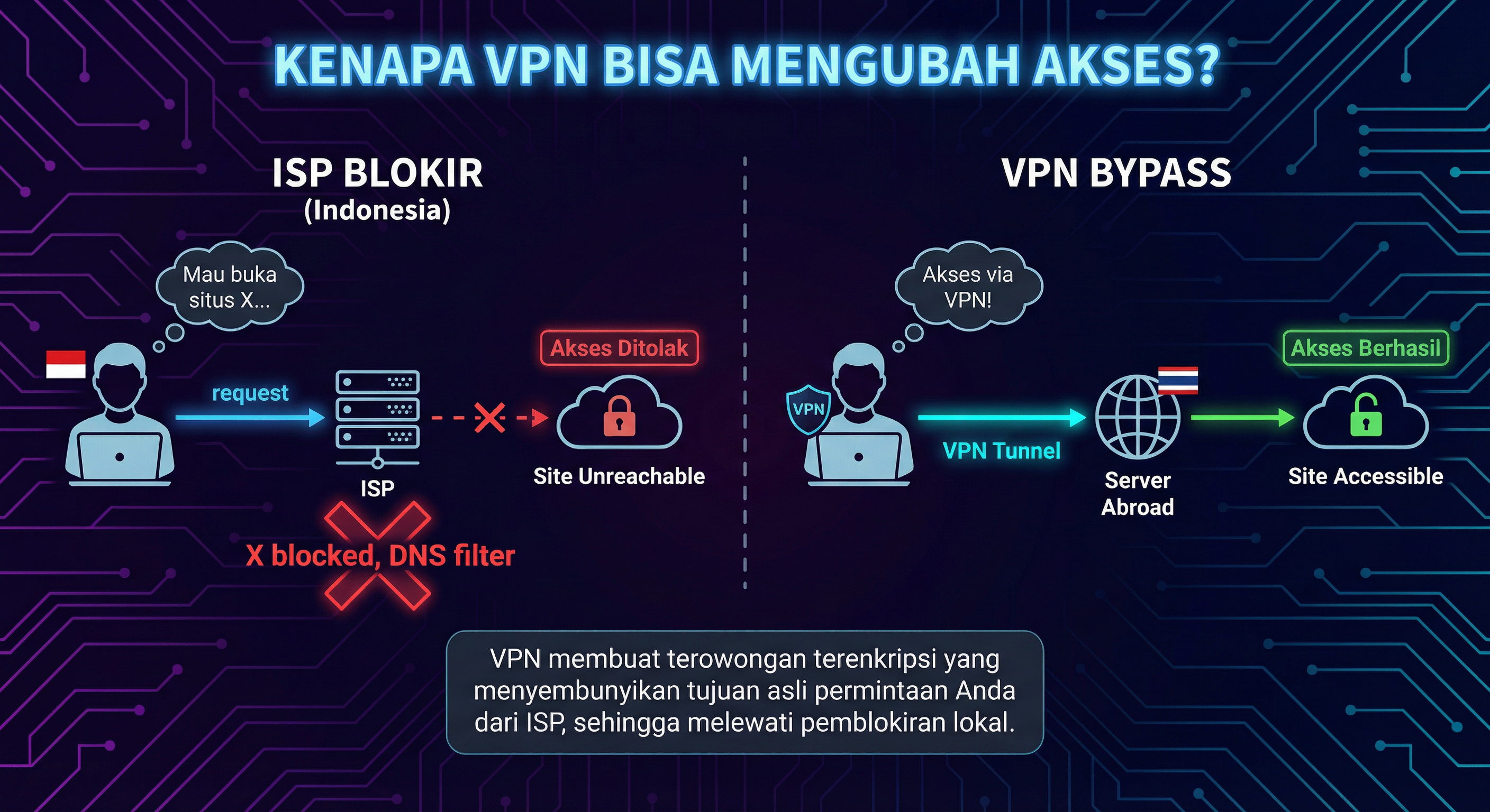 Infografik: ISP blokir vs VPN — bagaimana blokir bekerja dan kenapa VPN bisa mengubah akses