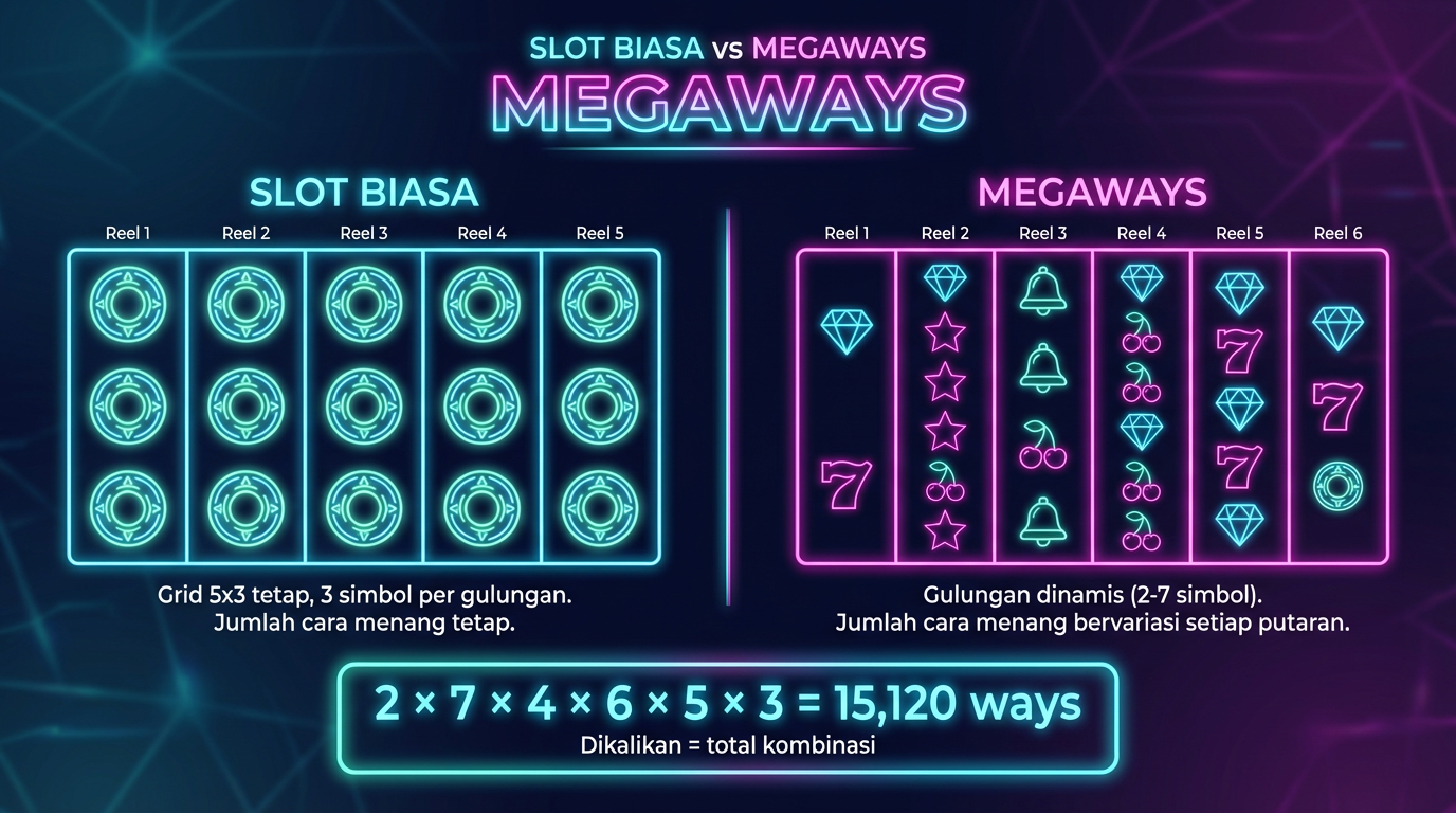 Infografik: Perbandingan slot biasa vs Megaways - jumlah simbol per reel berubah tiap putaran