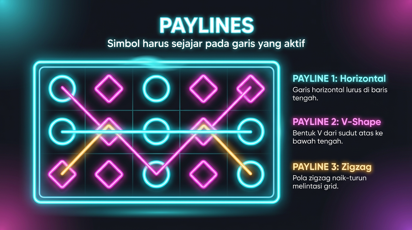 Infografik: Cara kerja paylines di slot - garis bayar pada grid 5x3