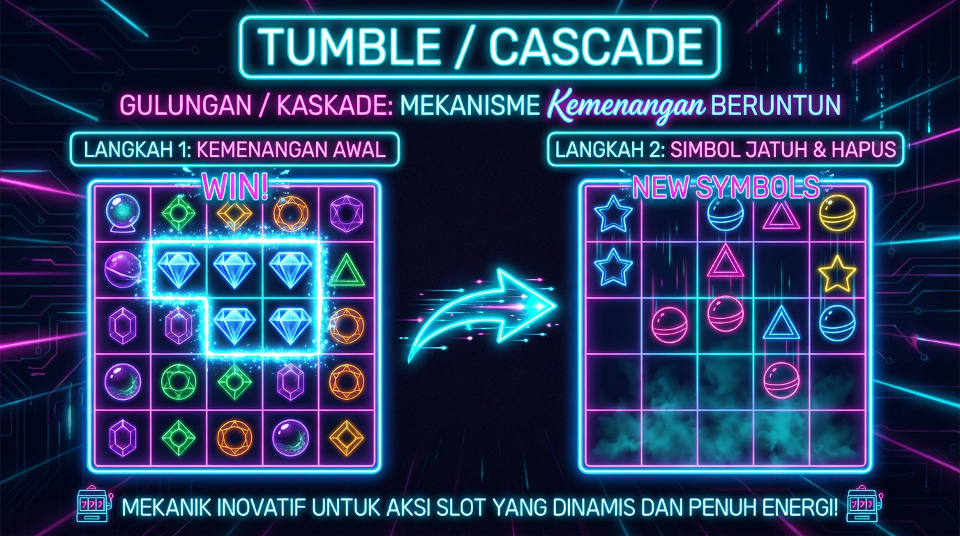 Infografik: Tumble/cascade—simbol menang jatuh, digantikan simbol baru, chain reaction